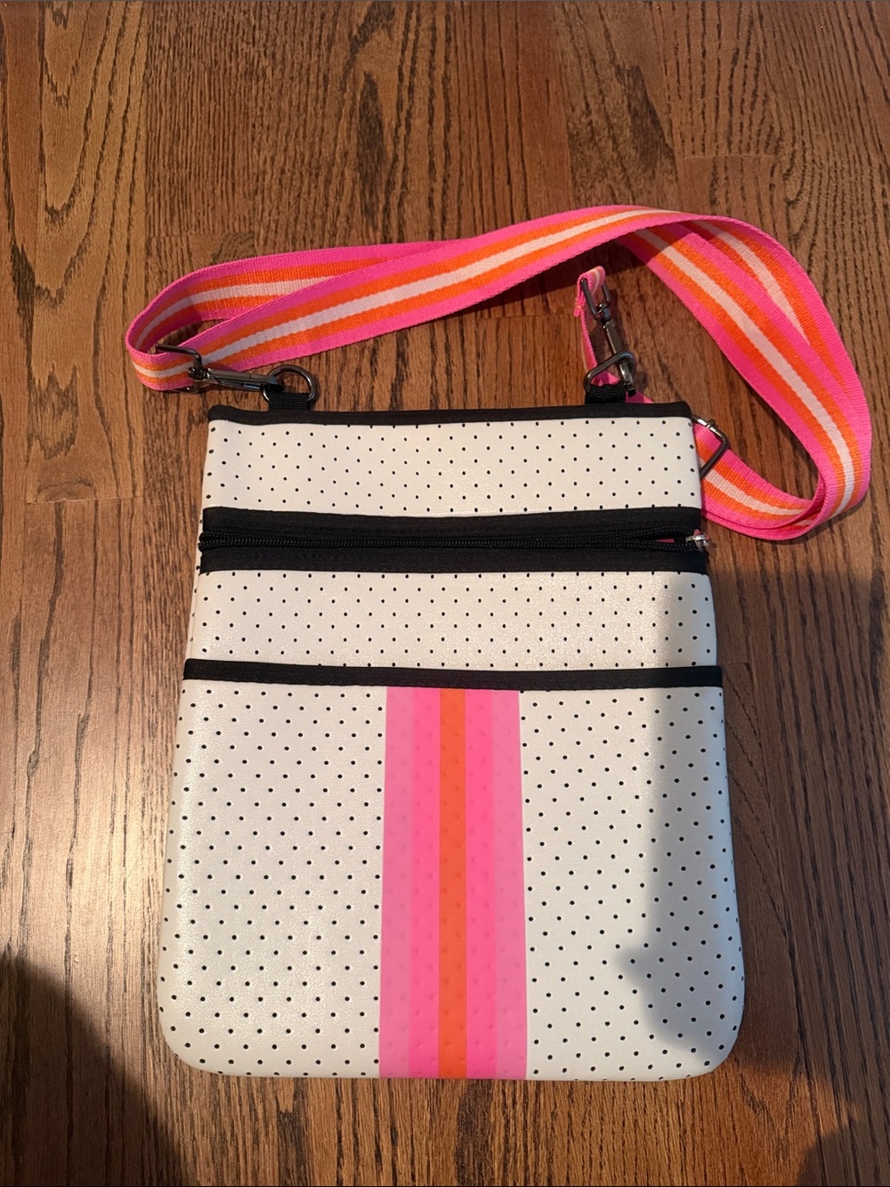 Women’s Parker & Hyde White Polka Dot Crossbody Bag with Pink Stripe